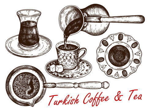 Sketch drawing set of Turkish tea and coffee in glass cup isolated on white background. Engraved drawing traditional Turkish hot drink, turk cup of coffee, turkish delight. Vintage vector illustration