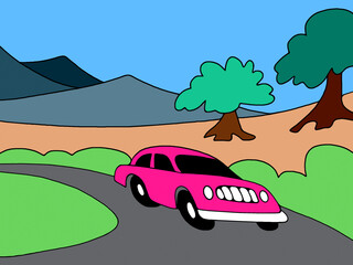 Fototapeta premium Funny illustration of a pink car on the road