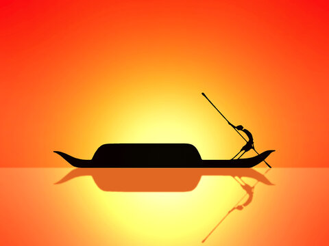 A large boat passing in the sunset