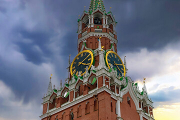 Close-up view of the Spassky tower of the Moscow Kremlin. Chimes are the main clock of Russia....