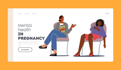 Perinatal Class Landing Page Template. Coach and Anxious or Tired Pregnant Female Character Discussing Maternity Issues