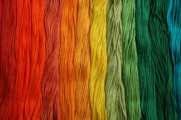 Different colorful embroidery threads as background, top view
