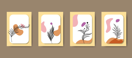 Botanical abstract line leaves wall art vector set. Abstract plant art design for print, cover, wallpaper, minimal and natural wall art. Vector illustration.
