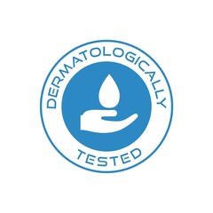 Dermatologically tested icon with water drop and hand logo isolated on white background