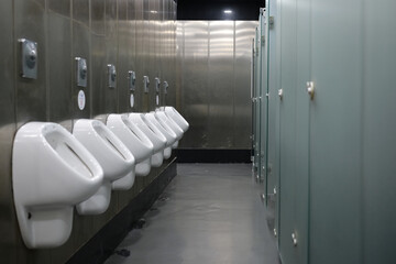 Public men's toilets lined up on the wall facing toilets with doors