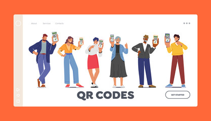 People Show th Qr Code on Device Landing Page Template. Vaccinated Men and Women Using Digital Health Passports