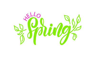 Fototapeta premium Hello Spring handwritten text and flowers. Trendy script lettering design Modern brush ink calligraphy isolated on white background. Vector illustration for logotype, icon, card, invitation, flyer