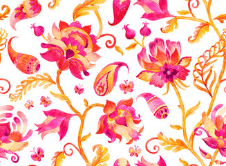 Paisley watercolor floral pattern. Jacobean floral tile: flowers, flores leaves. Oriental indian traditional hand painted water color whimsical seamless print design. Abstract india batik background