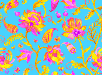 Paisley watercolor floral pattern. Jacobean floral tile: flowers, flores leaves. Oriental indian traditional hand painted water color whimsical seamless print design. Abstract india batik background