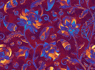 Paisley watercolor floral pattern. Jacobean floral tile: flowers, flores leaves. Oriental indian traditional hand painted water color whimsical seamless print design. Abstract india batik background