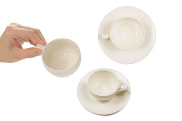 Empty coffee cup in woman hand isolated on white.