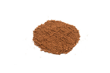 Makeup cosmetics. Eyeshadow in brown color crushed palette, colorful eye shadow powder on white background