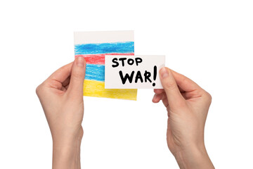 Stop war text on a card isolated on a white background.