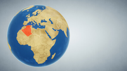 Earth globe with country of Algeria highlighted in red. 3D illustration. Elements of this image furnished by NASA