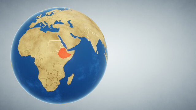 Earth globe with country of Ethiopia highlighted in red. 3D illustration. Elements of this image furnished by NASA