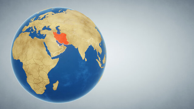 Earth globe with country of Iran highlighted in red. 3D illustration. Elements of this image furnished by NASA