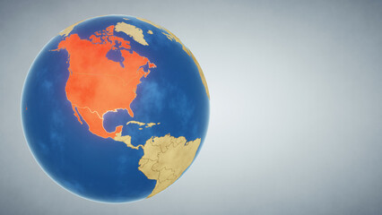 Earth globe with continent of North America highlighted in red. 3D illustration. Elements of this image furnished by NASA
