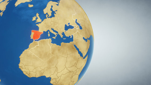 Earth globe with country of Spain highlighted in red. 3D illustration. Elements of this image furnished by NASA