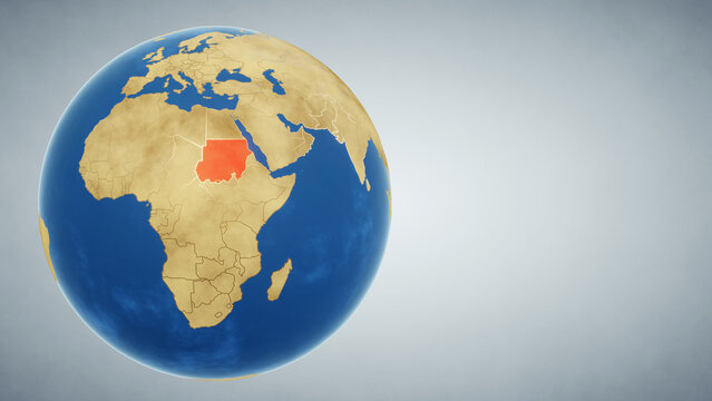 Earth globe with country of Sudan highlighted in red. 3D illustration. Elements of this image furnished by NASA