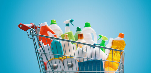 Shopping cart filled with detergents