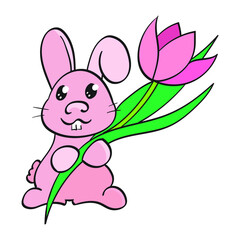 Pink Cartoon Bunny Holding a Pink Tulip