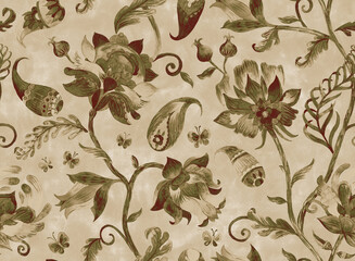 Paisley watercolor floral pattern. Jacobean floral tile: flowers, flores leaves. Oriental indian traditional hand painted water color whimsical seamless print design. Abstract india batik background