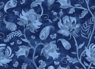 Paisley watercolor floral pattern. Jacobean floral tile: flowers, flores leaves. Oriental indian traditional hand painted water color whimsical seamless print design. Abstract india batik background