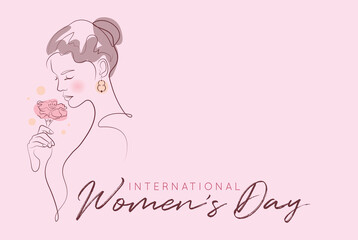 8 March - International Women's Day continuous line art drawing. Abstract minimal linear woman portrait with flower. Hand drawn feminine minimalistic modern art. Beauty and fashion concept. 