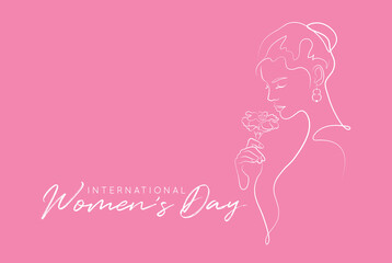 8 March - International Women's Day continuous line art drawing. Abstract minimal linear woman portrait with flower. Hand drawn feminine minimalistic modern art. Beauty and fashion concept. 