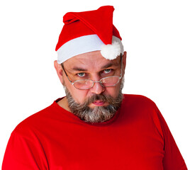 Serious Santa Claus is looking at us. Middle-aged man as Santa Claus. Unusual Santa Claus isolated on white.