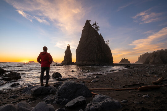 The rugged coastline of Olympic National Park at sunset