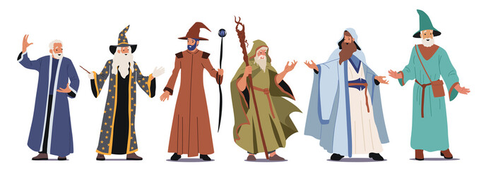 Set of Different Wizards Characters Wear Long Robe, Cloak and Hat with Wand or Magic Staff Isolated on White Background