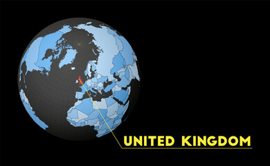 United Kingdom on dark globe with blue world map. Red country highlighted. Satellite world view centered to United Kingdom with country name. Vector Illustration.