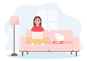 The girl works at home on the couch with a laptop. Freelancer, work from home. Vector illustration in a flat style