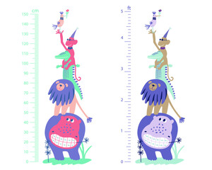 Vector stadiometer for kids. Meter wall or height chart centimeter and foot, set of vector illustration, pastel colors, funny african animals isolated on white background.