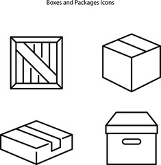 Box line icons set on white background. Package, delivery boxes, cargo box. Cargo distribution, export boxes, Shipment of goods, purchase container, open package. 