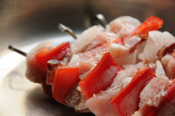 Defrosted meat and vegetables on skewers ready to grill