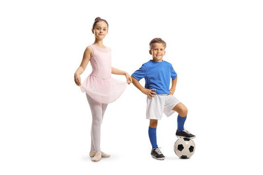 Girl in a ballerina pink dress and a boy wearing a football jersey