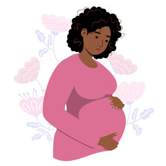 Happy pregnant african american woman holds her belly. Pregnancy resources type. Active well fitted pregnant female character. Happy pregnancy. Flat cartoon vector illustration