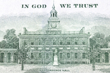 United states hundred dollars money bill, fragment of Independence Hall dollar back. Economy, savings and the US dollar.