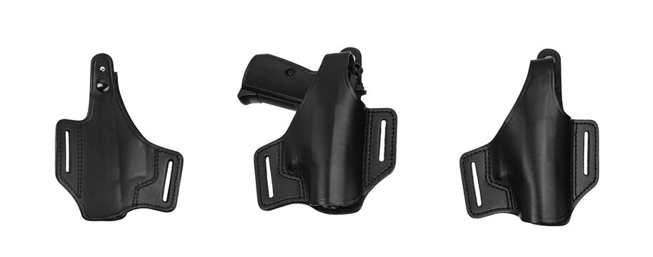 Leather holster for a pistol. Accessory for convenient and concealed carrying of weapons. View from all sides. Isolate on a white back.