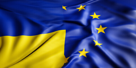 War and peace concept. Ukrainian and European flag. EU solidarity with Ukraine. International conflict over Ukraine. Ukrainian-Russian millitary crises. 3D rendering.