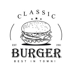 Classic cheeseburger vector logo for a fast-food restaurant on white background 