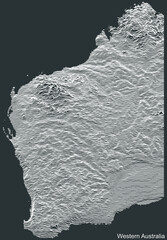Topographic negative relief map of the Australian state of WESTERN AUSTRALIA with white contour lines on dark gray background