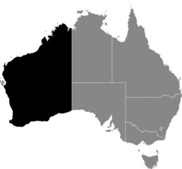Black flat blank highlighted locator administrative map of the Australian state of WESTERN AUSTRALIA inside gray flat map of AUSTRALIA