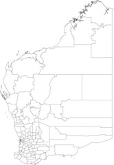 White flat blank vector administrative map of local government areas of the Australian state of WESTERN AUSTRALIA with black border lines of its areas