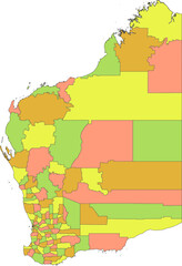 Pastel blank flat vector administrative map of local government areas of the Australian state of WESTERN AUSTRALIA with black border lines of its areas
