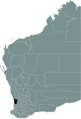 Black flat blank highlighted location map of the PERTH METROPOLITAN AREA inside gray administrative map of areas of the Australian state of Western Australia
