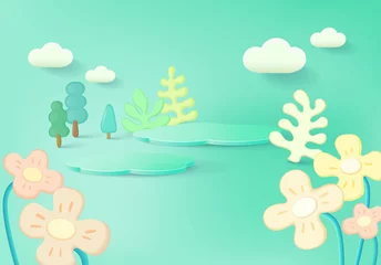 Fotobehang Zeegroen 3d display podium for showing products presentation with a floral scene  © KANPIROM