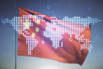 Multi exposure of abstract creative digital world map hologram on flag of China and sunset sky background, tourism and traveling concept
